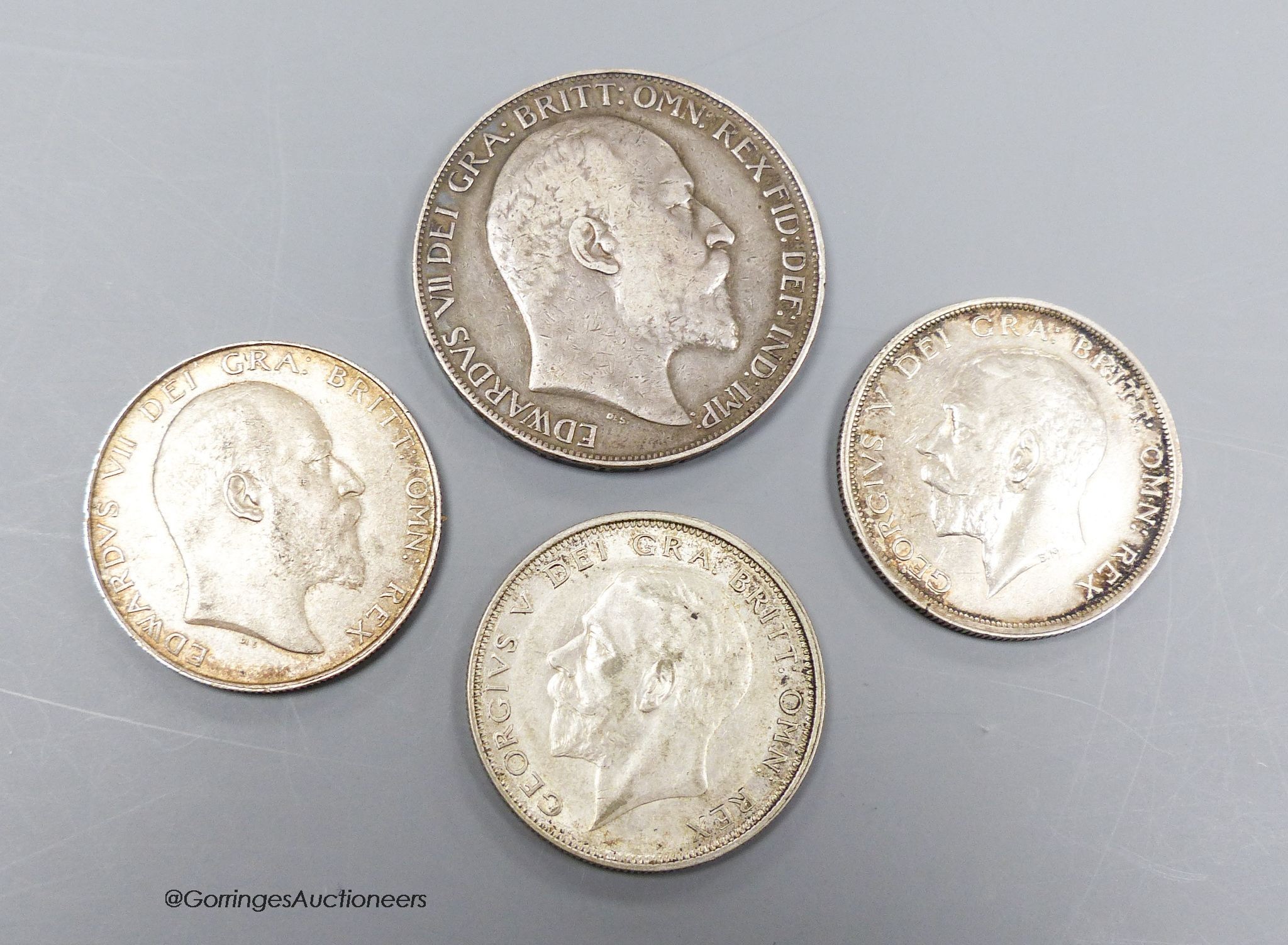 Edward VII and George V silver coins - crown 1902, F, three florins 1909 good VF, 1915 and 1927 both good VF